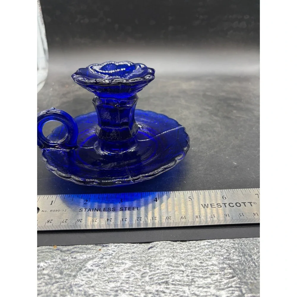 Vintage Cobalt Blue Glass Chamberstick Candle Holder Scalloped Finger Loop 3.5in